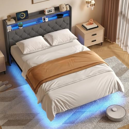 Xbro Lit 140 × 200 avec Sommier, Lit Flottant avec Tête de Lit Rembourrée | Rangement Intégré, LED RGB APP avec Mode Musique, 2 USB + USB-C, Structure Métallique, Gris Foncé