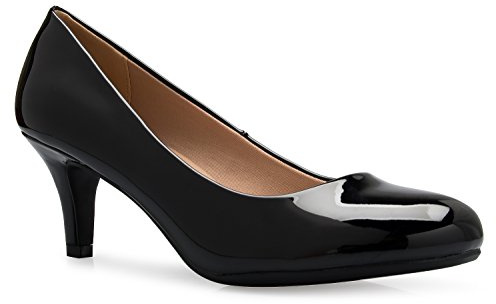 OLIVIA K Women's Comfort Classic Round Toe Kitten Low Mid Heel Dress Pumps, 8 B(M) US, Black Patent