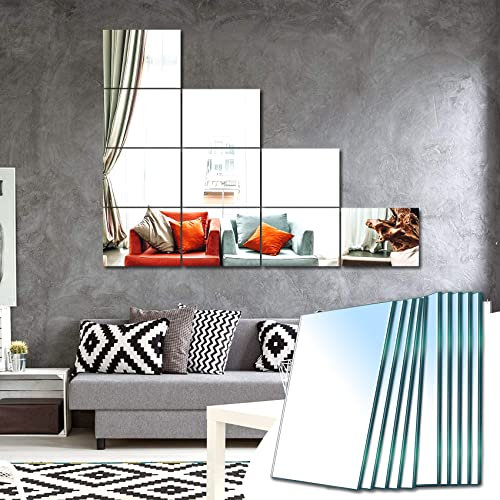 Sqinor Mirror Tiles Self Adhesive HD Glass 15x23cm 10 Pieces - Stick On Mirror Wall Decoration Rectangle Wall Mirrors for Living Room Bedroom Hallway (Fine Grinding)