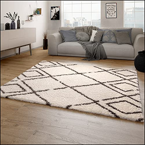 Paco Home Hochflor Teppich Wohnzimmer Shaggy Langflor Skandinavisches Rauten Muster Modern, Grösse:80x150 cm, Farbe:Creme 7
