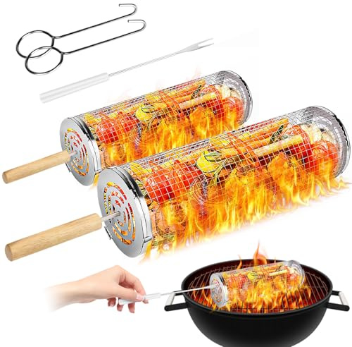 Flintronic 2024 x ny 2 st rullande grillkorg, rostfritt stål trådnät cylindergrillställ, bärbar utomhuscamping grillkorg för grönsaker, fisk, rund grill matlagningstillbehör