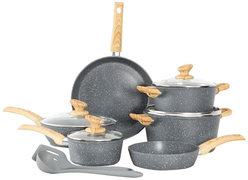 Kitchen Academy 12 Pieces Nonstick Pots and Pans Set, Induction Cooking Pan Set, Non Stick Saucepan Set, Frying Pan Set (Grey)