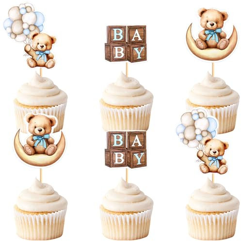 Kawailay 24 decorazioni per cupcake a tema orso, a tema orso, decorazione per torte per baby shower, feste di compleanno per ragazzi e ragazze, stile 2