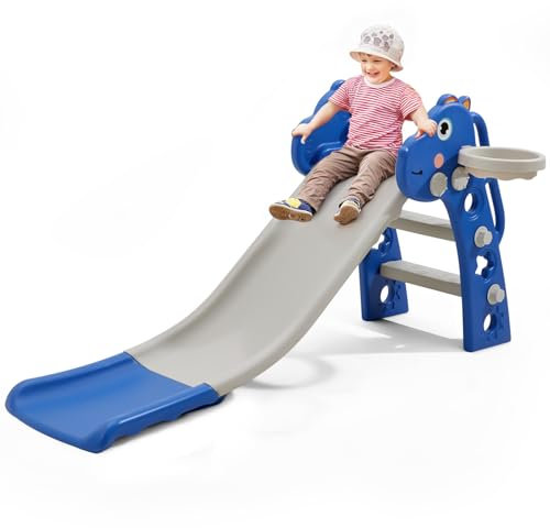 FUKEA Kids Slide, Toddler Slide with Climbing Frame, Basketball Hoop, Basketball, Indoor Outdoor Garden Slides for Toddlers Age 1-6, Blue Dinosaur