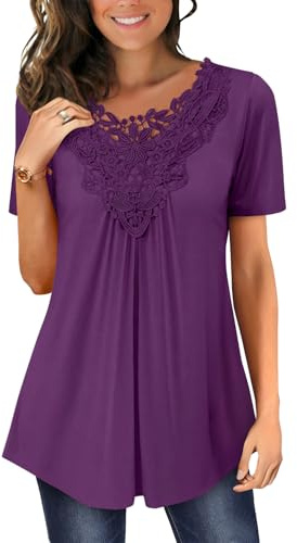 Magritta Women Shirt Summer Ladies Blouses Plus Size Short Sleeve Lace Crewneck Tunic Tops Work Trendy Loose Swing Tops for Leggings Purple X-Large