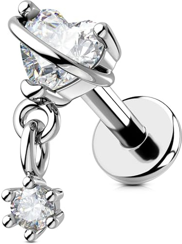 OUFER 16G Dangle Helix Earring Internally Threaded Conch Piercing Stainless Steel 316L Heart Helix Stud Clear CZ Flat Back Earring 6 mm Cartilage Earring For Women