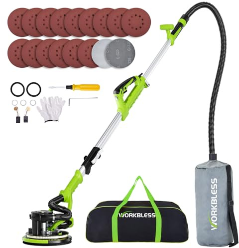 WorkBless Drywall Sander, 1050W 7.2A Popcorn Ceiling Removal Tool, Automatic Drywall Sander with Vacuum Dust Collector, 7 Variable Speed 1000-2100RPM, 15Pcs Sanding Discs