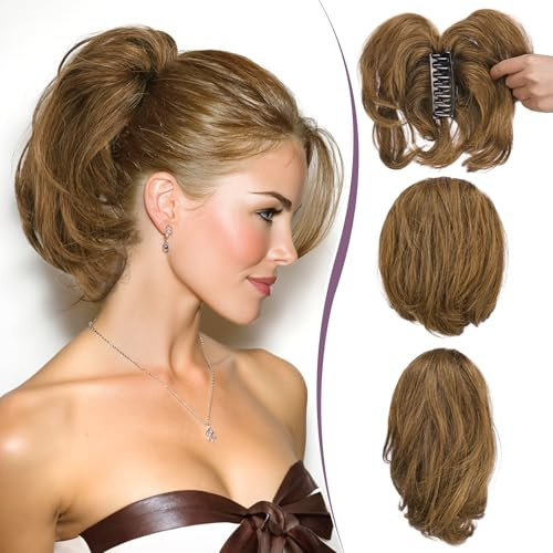 RUWISS Ponytail Cheveux Naturel avec Pince Humains pour Femmes, 22cm Courts Droite Postiche Chignon avec Métaux Malléables Extension Queue de Cheval Cheveux Brun Moyen