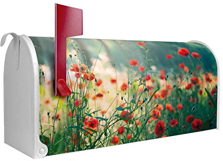 banjado Amerikanischer Briefkasten - US Mailbox/Letterbox mit Motiv Motiv Waldmohn 51x22x17cm - Postkasten Stahl aus Amerika – Briefkasten amerikanisch weiß pulverbeschichtet