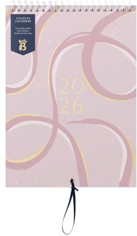 Busy B 2026 Wall Calendar for Couples - Pink Ribbon Slim Design with Dual Schedules, Monthly Pockets & Stickers -Hanging Calendar for Shared Planning, Birthdays & Important Dates - Jan to Dec