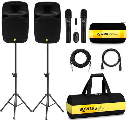 Bowens Dual 8 Inch 400W PA System – Portable Speakers with Bluetooth, USB/SD, LCD & Remote – DJ Sound System with Wireless Karaoke Microphone for Singing/Microfono & Stands