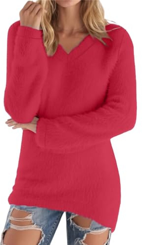 Fleece Jumper Women V Neck Cashmere Jumpers Ladies Sweaters Solid Color Oversized Sweatshirt Autumn Winter Knitted Jumper Casual Thermal Pullover Soft Warm Long Sleeve Tops Knitwear