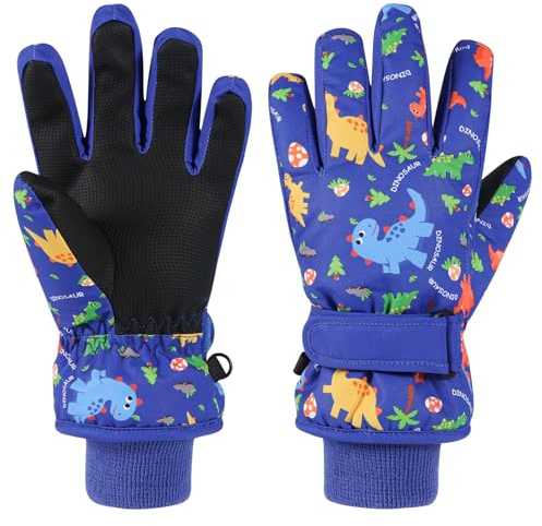 QKURT Guanti da sci per bambini motivo a dinosauro, guanti invernali antiscivolo in PU per bambini, caldi, per slittino, snowboard, antivento, guanto per il freddo, guanto da neve, età 4-9