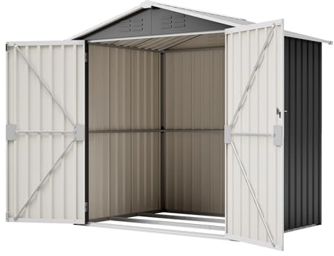 FammyLoft Gartenhaus Metall, 185x142x185cm, Garten Geräteschuppen Metall, Gerätehaus mit Bodenfundament & Schloss, Gartenschrank Wasserdicht für Garten, Terrasse und Hof, Grau(Ohne Boden)