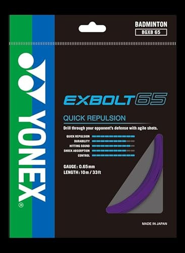 YONEX EXBOLT 65 Badminton Racket String, Gauge 0.65mm,Length 10M / 33FT, Quick Repulsion & Durability Choice of Colors (Purple)