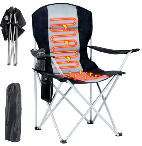 Obqer Folding Heated Camping Chair, 400LBS Heavy Duty Camping Chairs With Side Pocket & Cup Holder, 3 Level Heat Adjustment, Ergonomic Back, For Watching Sports, Battery NOT Included