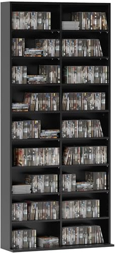 HOMCOM Rangements pour CD et DVD, meuble de rangement multimédia, capacité max. 640 CD/360 DVD et 430 Blu-ray, 18 compartiments 14 étagères réglables, pour salon, chambre, 78,5x24x175cm, noir