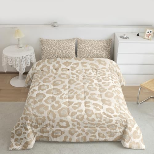 richhome Set di biancheria da letto beige leopardato, morbido, per ragazzi e ragazze, con stampa leopardata e ghepardo, per letto king size, motivo safari, in microfibra, decorativo, 3 pezzi, con 2