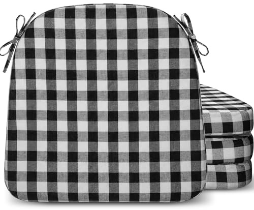 Geetery 4 Pack D-shaped Checkered Chair Cushion for Dining 17x16x2 Thick Buffalo Plaid Non-slip Chair Pad with Ties and Removable Cover for Home Outdoor Patio Room Indoor Seat Cushion (Black White)