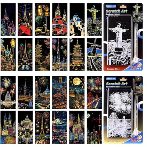 CHAOTEMAI 24 Pezzi Scratch Art Bambini + 2 Pezzi Penna Speciale Rainbow Scratch Paper Gratta e Vinci Lavoretti Creativi per Bambini per Feste Natale Quaderni Biglietti D'auguri Regali (B)