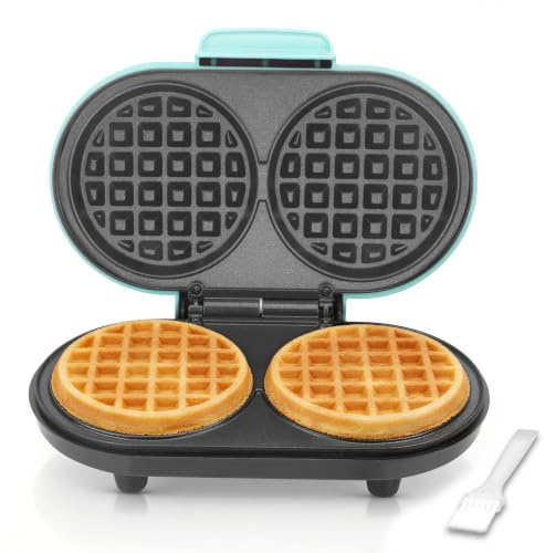 AshGlen Mini Gaufrier Double pour Enfants, Gaufrière Électrique 2x10cm Plaques Rondes Antiadhésives, 2 Gaufres Keto Chaffle,Petit Appareil,Bleu Aqua