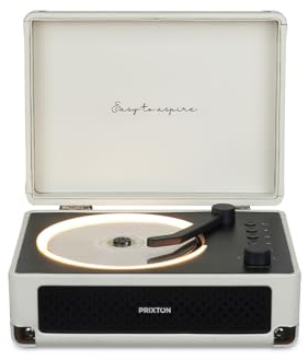 PRIXTON Reproductor CD Portátil Boogie con Bluetooth, Radio FM y AUX, Altavoz 6W (2x3W), Compatible CD/MP3/WMA, Batería Recargable 3000 mAh, Salida Auriculares, Diseño Maletín (Crema)