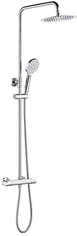 Ibergrif M21809 Columna Ducha Termostatica, Sistema Columna Ducha sin Grifo, Ducha Termostatica Tres con Rociador, Alcachofa, Manguera, Barra Ajustable y Soporte, Cromo, Plata