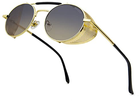 Steampunk Round Sunglasses for Men Women, Side Shields, Gradient Brown Lens