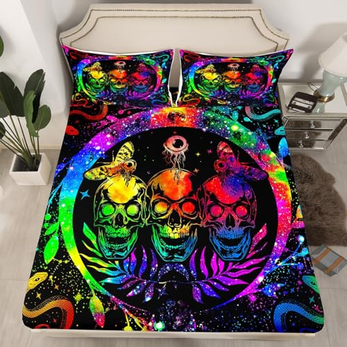 Erosebridal Sugar Skull Bed Sheets Rainbow Tie Dye Fitted Sheet Twin Snake and Moth Bedding Set,Trippy Skeleton Bed Cover Mandala Sun Moon Sheets Breathable Soft Black Luxury Halloween Decorations