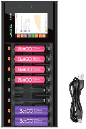 LIMETA Cargador de batería Inteligente AA AAA 8-Slot Cargador de batería USB Tipo C QC3.0 Cargador rápido Pantalla LCD Cargador Recargable baterías Li-LON LiHv NI-MH NI-CD