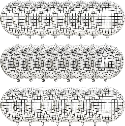 24 Pack 22 Inch Disco Ball Balloons Silver Mirror Laser 4D Inflatable Large Sphere Aluminum Foil Balloon for Disco Dance Party 80s 90s Party Decorations