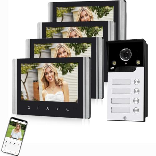 FTes RFKits Videocitofono WLAN senza fili, 1080P per esterni, 7 pollici, sensore wireless PIR, visione notturna, controllo app Tuya (4 Casa di Famiglia)