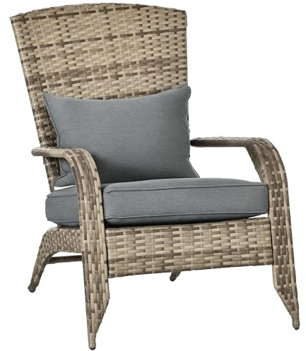 Outsunny Sedia da Giardino Adironrack con Braccioli e Cuscini, Sedia in Rattan e Acciaio per Interni ed Esterni, 64x80x90 cm, Grigio Scuro
