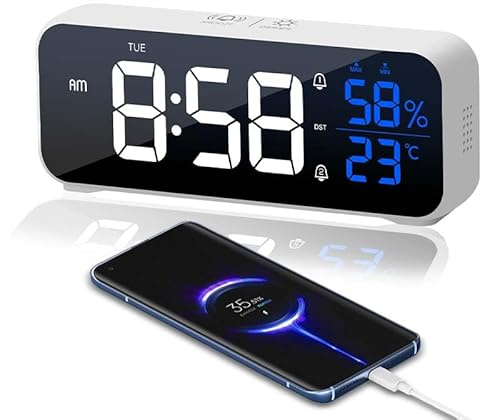 OWYELO Sveglia Digitale, Sveglia da Comodino con Temperatura e LED Grande Schermo, Orologio digitale con 5 Modalità Sveglia Regolabili e 5 Livelli luminosità, Cavo USB, Sistema 12/24 Ore, Bianco