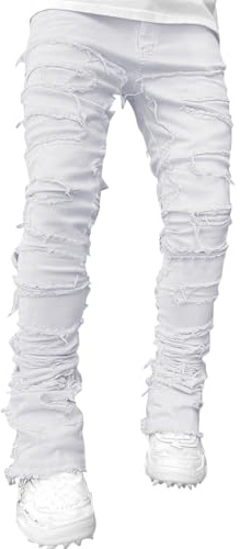 Y2K - Jean vintage pour homme - Coupe droite - Avec patch déchiré - Franges - Cargo - Jean skinny - Pantalon motard - Denim - Motif imprimé - Hip Hop - Patchwork - Hiphop - Street Dance - Vêtement