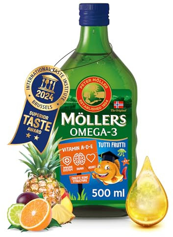 Moller’s ® | Aceite de hígado de bacalao | Complemento dietético para niños con omega-3 EPA, DHA y vitaminas A, D y E | Sabor Tutti Frutti | 500 ml