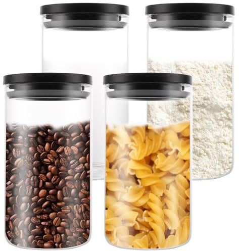 YAYODS 4 tarros de cristal con tapa para almacenamiento, 1,2 L, herméticos, pequeños, con tapa, color negro, para granos de café, espaguetis, harina, azúcar