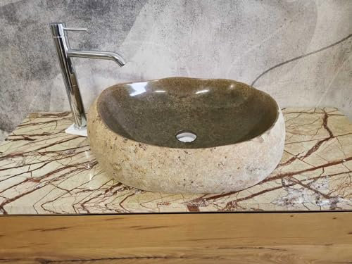 Aufsatzwaschbecken aus Naturstein, Größe XL, Größe 60 x 50 x 17 cm, echte Fotos des Waschbeckens, Waschbecken aus Stein, Aufsatzwaschbecken aus Stein