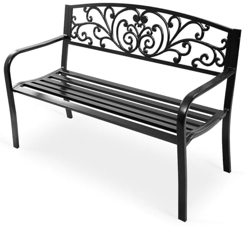 GOPLUS trädgårdsbänk metall, 2–3 personer sittbänk utomhus, parkeringsbänk antik, terrassbänk med ryggstöd och armstöd, sittbänk, trädgård, balkong, terrasser (svart, 280 kg lastkraft)