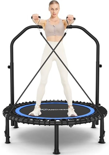 ANCHEER 40 Foldable Mini Trampoline - Max Load 350lbs - 450lbs Indoor Trampoline - with 4 Level Adjustable Foam Handle and Resistance Bands - Adult Exercise Trampoline for Home, Gym and Garden(Blue)