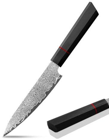 Plys Cuchillo damasco, cuchillo para fruta afilado, pequeño: cuchillo de pelar japonés damasco - profesional, cuchillo de cocina con mango de madera negro