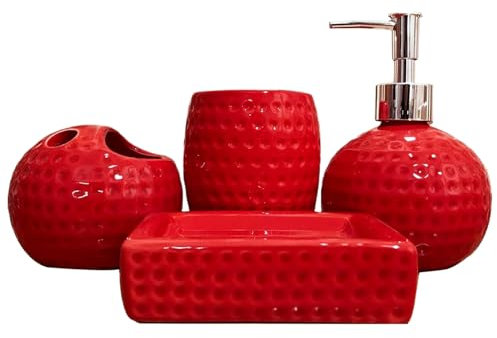 4pcs Juego de baño Rojo, Accesorios de baño Rojo de cerámica Incluye Soporte de Cepillo de Dientes, Vaso, dispensador de loción, Plato de jabón para decoración de de Navidad, Juego de