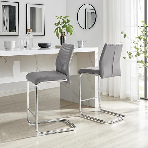 Furniturebox UK Counter Stools - Lorenzo - 2x Grey Faux Leather Upholstered Dining Counter Stools Silver Chrome Metal Legs - Cantilever Leg - Vertical Stitching - Modern Dining Kitchen Furniture