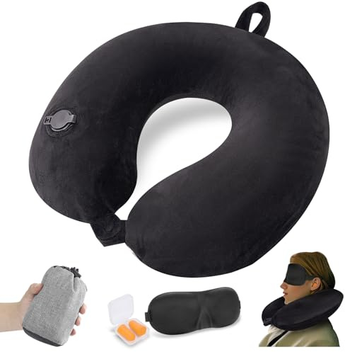 JetsCush Cuscino da Viaggio Gonfiabile, Cuscino Aereo con Maschera per Gli Occhi e Tappi per le Orecchie, Cuscino Gonfiabile da Viaggio per Aereo, Treno, Ufficio, Nero