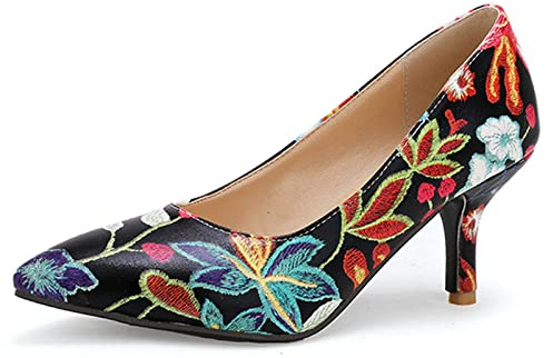 Renessmi Aiguille Pointu A Enfiler Femme Escarpin Elegant Fleur Talons Hauts Embroiderouge Fête Mariage Pumps Footwear Noir Taille 38 EU-39 CN