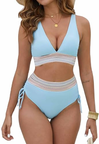 Joligiao Costume da Bagno Donna A Vita Alta Due Pezzi Bikini Set Scollo a V Push up Imbottito Reggiseno Costumi da Mare Donna Costumi da Bagno Controllo della Swimwear per Spiaggia(Blu,L)