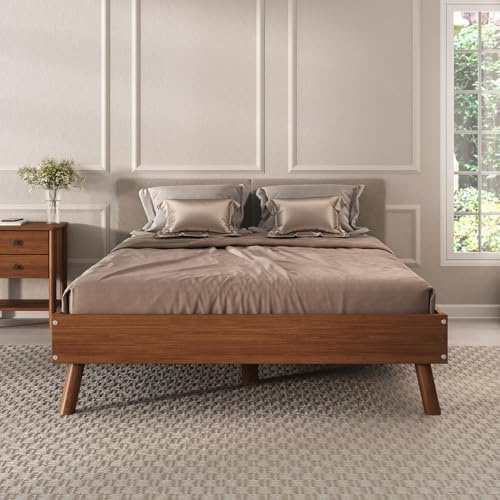 Lit futon KARRI double pour adulte, 140 x 190 cm, 2 places, en bois massif coloris châtaignier, robuste idéal pour futon ou matelas 140 x 190 cm avec barre centrale et 4 pieds coniques de soutien