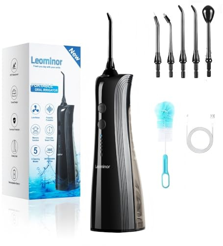 Leominor Water Dental Flosser - 5 Modes Cordless Portable Oral Irrigator, IPX7 Waterproof, Rechargeable Teeth Cleaner Upgrade Datchable Tank Professional Flossing Cleaning Pick for Home Travel (Black)