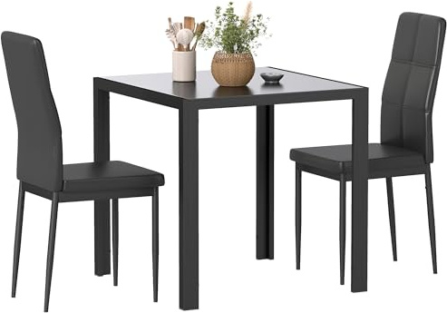 HOMCOM Essgruppe Esstisch mit 2 Stühlen Platzsparend Esszimmergruppe Sitzgruppe, Tischplatte aus Sicherheitsglas, Kunstleder Küchentisch-Set für Esszimmer, Küche Schwarz