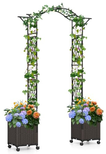 HOMASIS Arco da Giardino con Sistema di Auto-Irrigazione, 2 Vasi e 8 Ruote, Recinzione da Giardino in Metallo Anti-Ruggine, Supporto per Piante Rampicanti per Matrimoni, 208 x 40 x 250 cm (Nero)